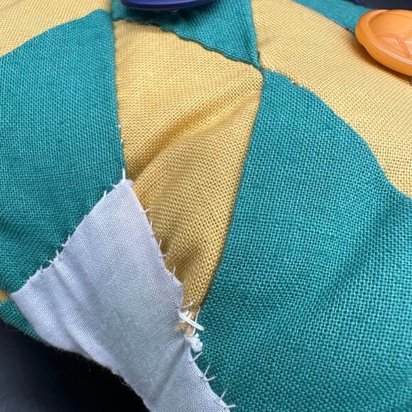 Handmade Patchwork Teddy Bear Button Eyes Noses Green Yellow Kitschy Retro - Picture 6 of 8